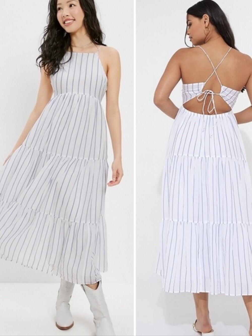 American Eagle Striped White and Blue Tiered Maxi Skirt Cotton XL